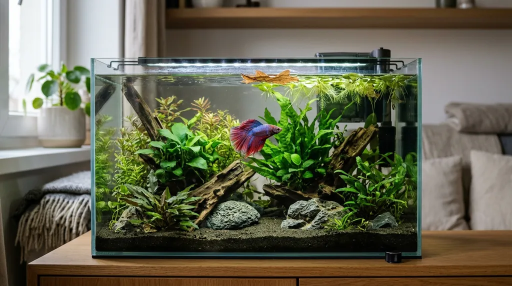Combattant mâle aux longues nageoires rouge et bleu dans un aquarium densément planté