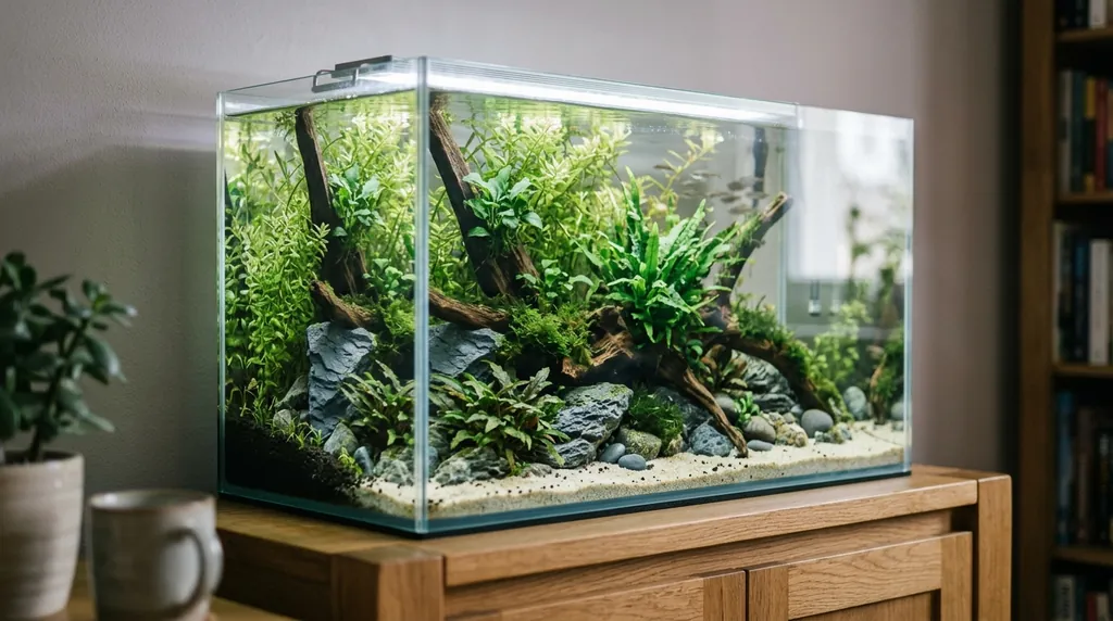 Dicht bepflanztes Süßwasseraquarium mit Stängelpflanzen, Javafarn, Anubias und Moos