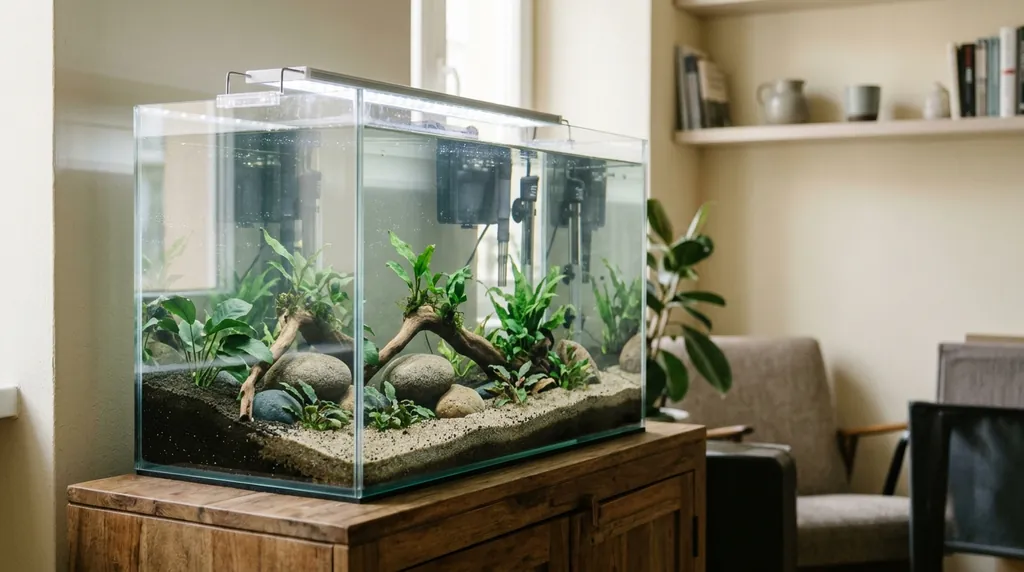 Aquarium fraîchement installé avec pierres, racine et jeunes plantes, encore sans poissons