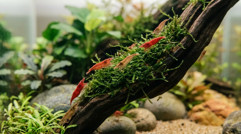 Rote Zwerggarnelen weiden auf Moos an einer Wurzel im Aquarium