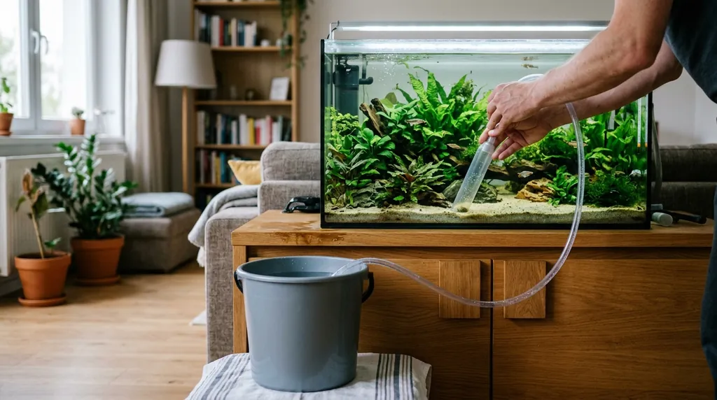 Des mains aspirent l’eau d’un aquarium planté avec un tuyau vers un seau