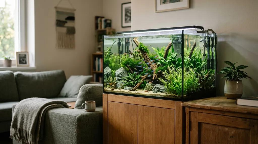 Aquarium d’eau douce bien planté avec un petit banc de poissons, dans un salon à la lumière du soir